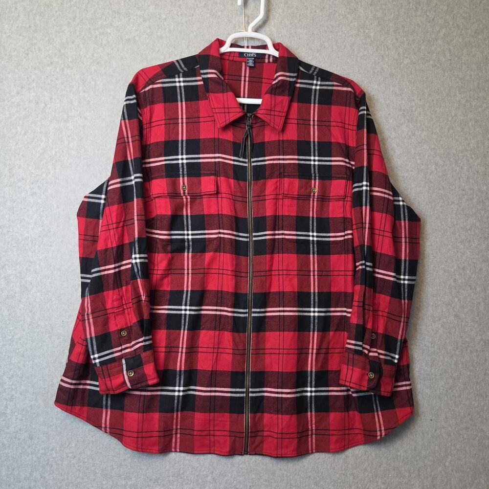 Chaps 100% Cotton Red Plaid LS Full Zip Flannel Shirt Women's Plus 3X Pockets